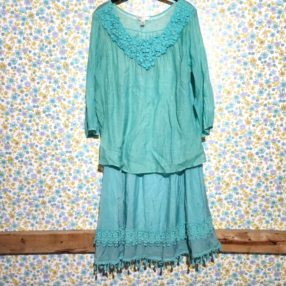 Krazy‎ Kat Outfit Maxi Skirt with Peasant Top Tiered Crocheted Lace Fairycore XL
